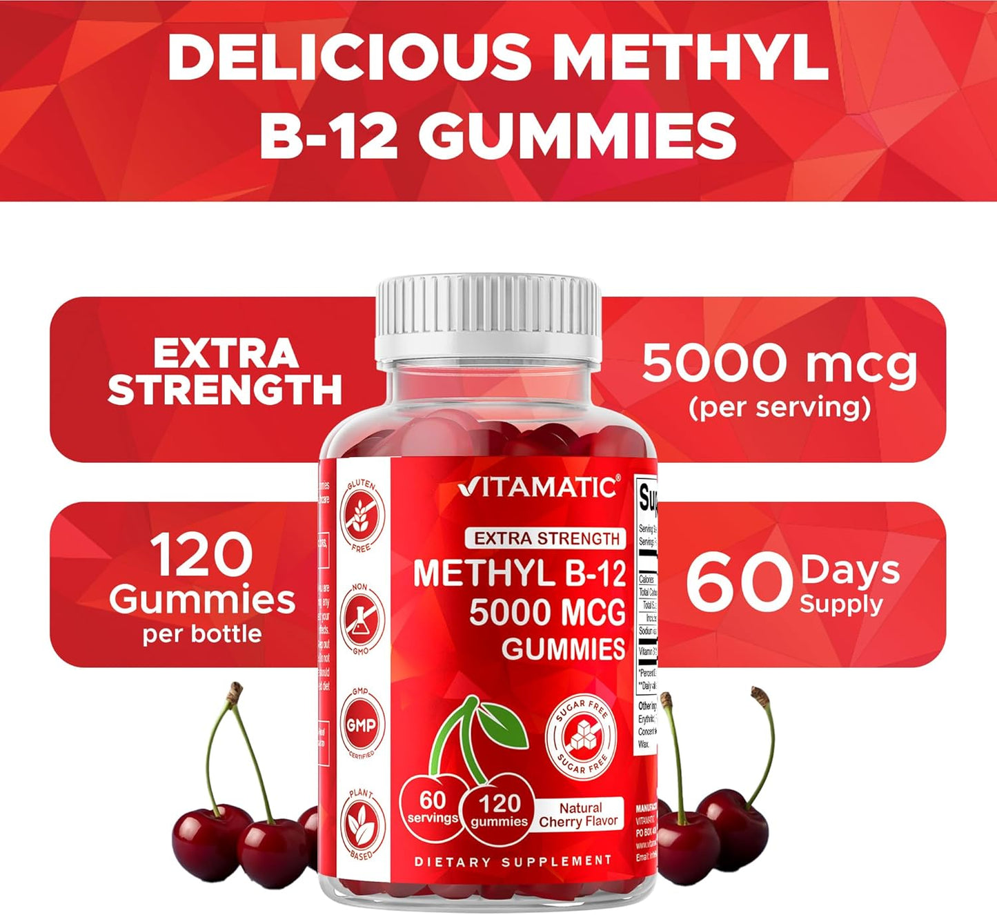 Vitamatic Extra Strength Vitamin B12 5000 mcg (Methyl B12) Gummies - 120 Count