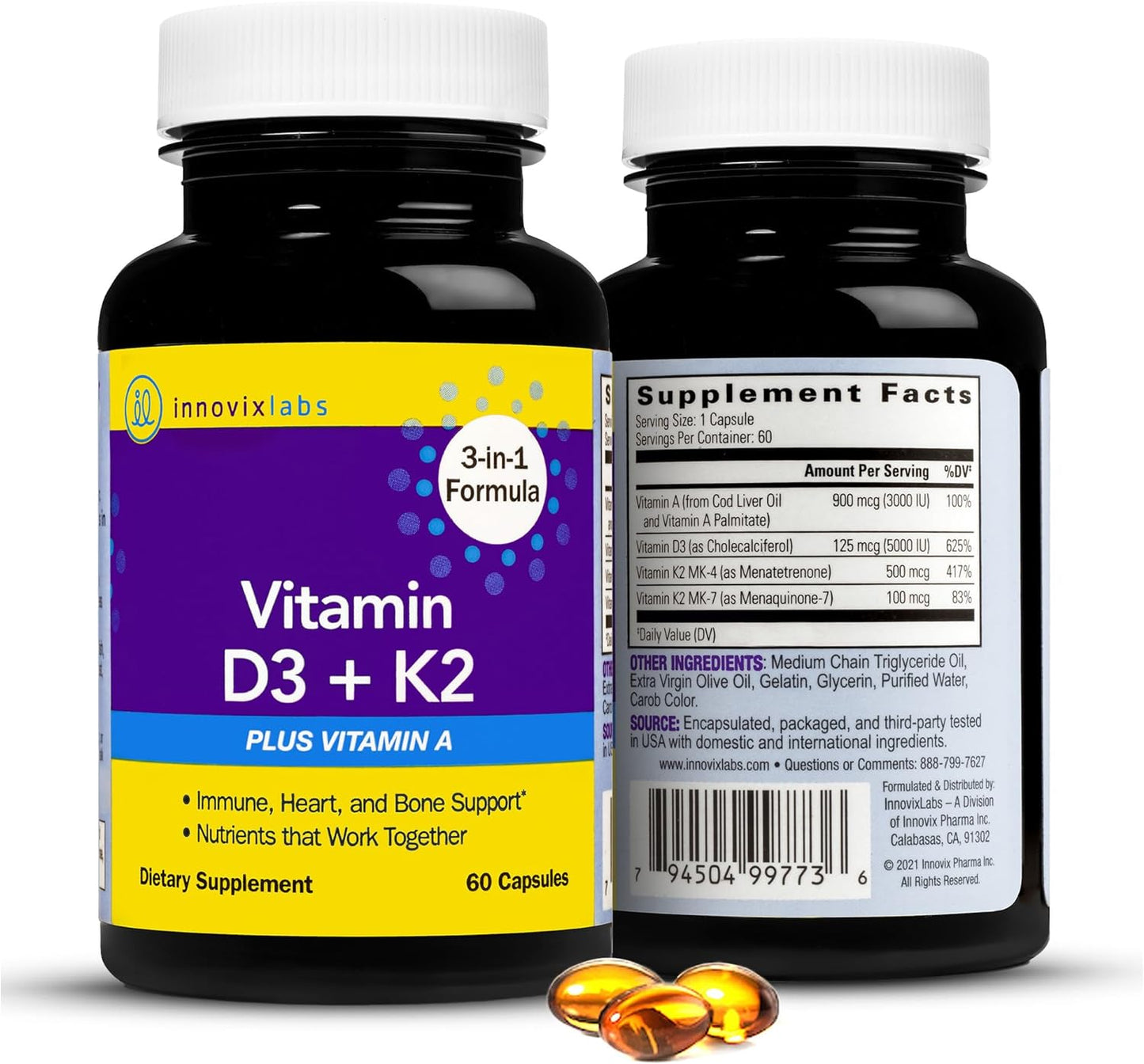 InnovixLabs Vitamin D3 K2 Supplement - ADK with VIT D3 5000 IU 60 capsules