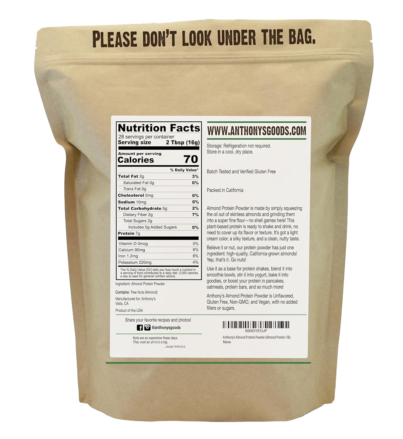 Anthony's Almond Protein Powder, 1 lb