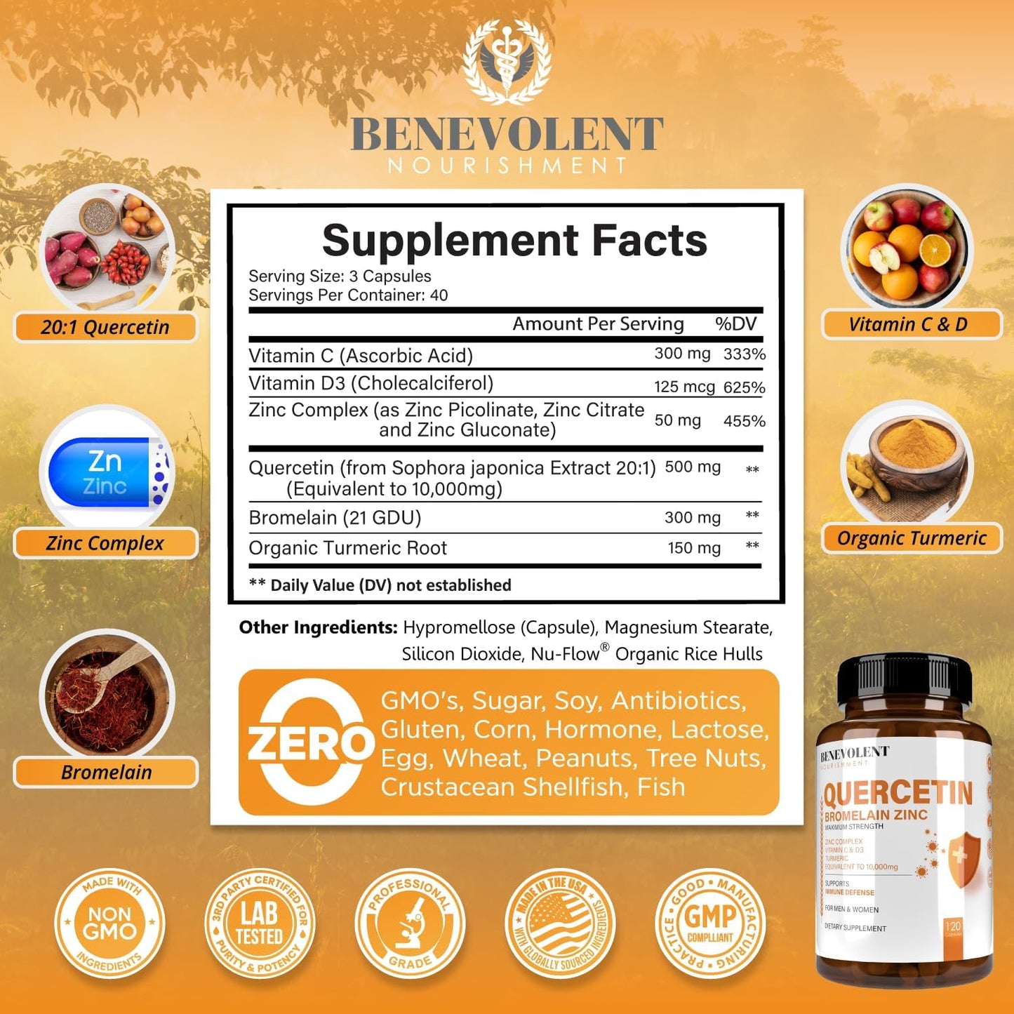 Benevolent Nourishment Quercetin with Bromelain, Zinc Complex - 120 capsules