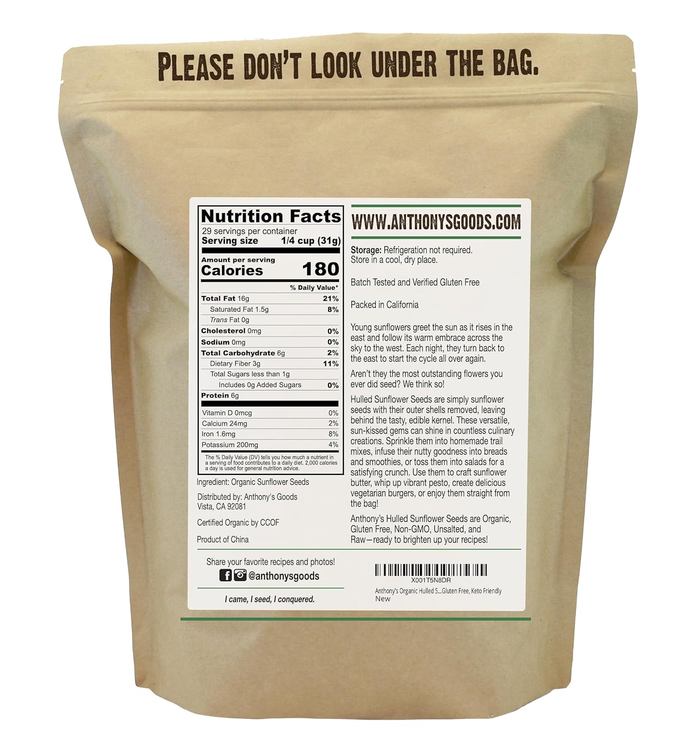 Anthony's Organic Hulled Sunflower Seeds, 2 lb