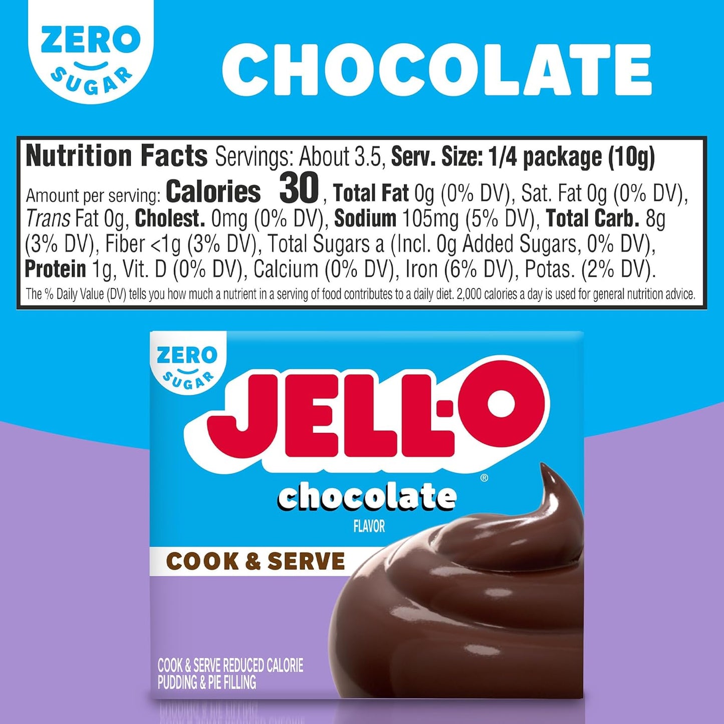 Jell-O Zero Sugar Cook & Serve Pudding & Pie Filling Mix, Chocolate Flavor, 1.3 oz (Pack of 24)