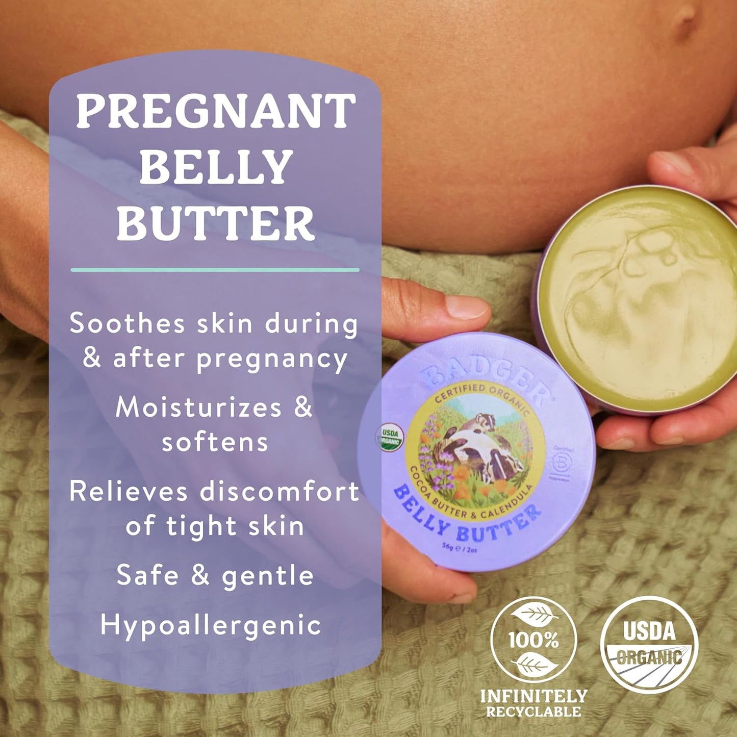 Badger Belly Butter, Organic Stretch Mark Cream - 2 oz Tin