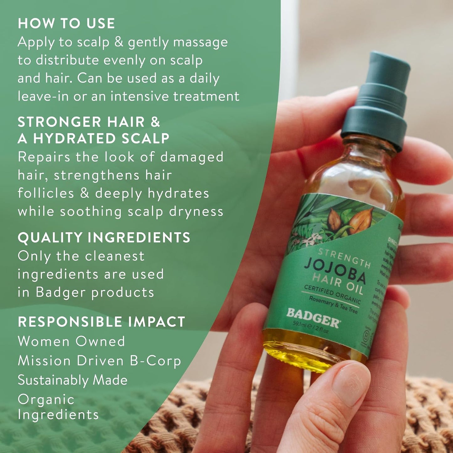 Badger Organic Jojoba Hair Oil & Dry Scalp Treatment - 2 fl oz Glass Bottle