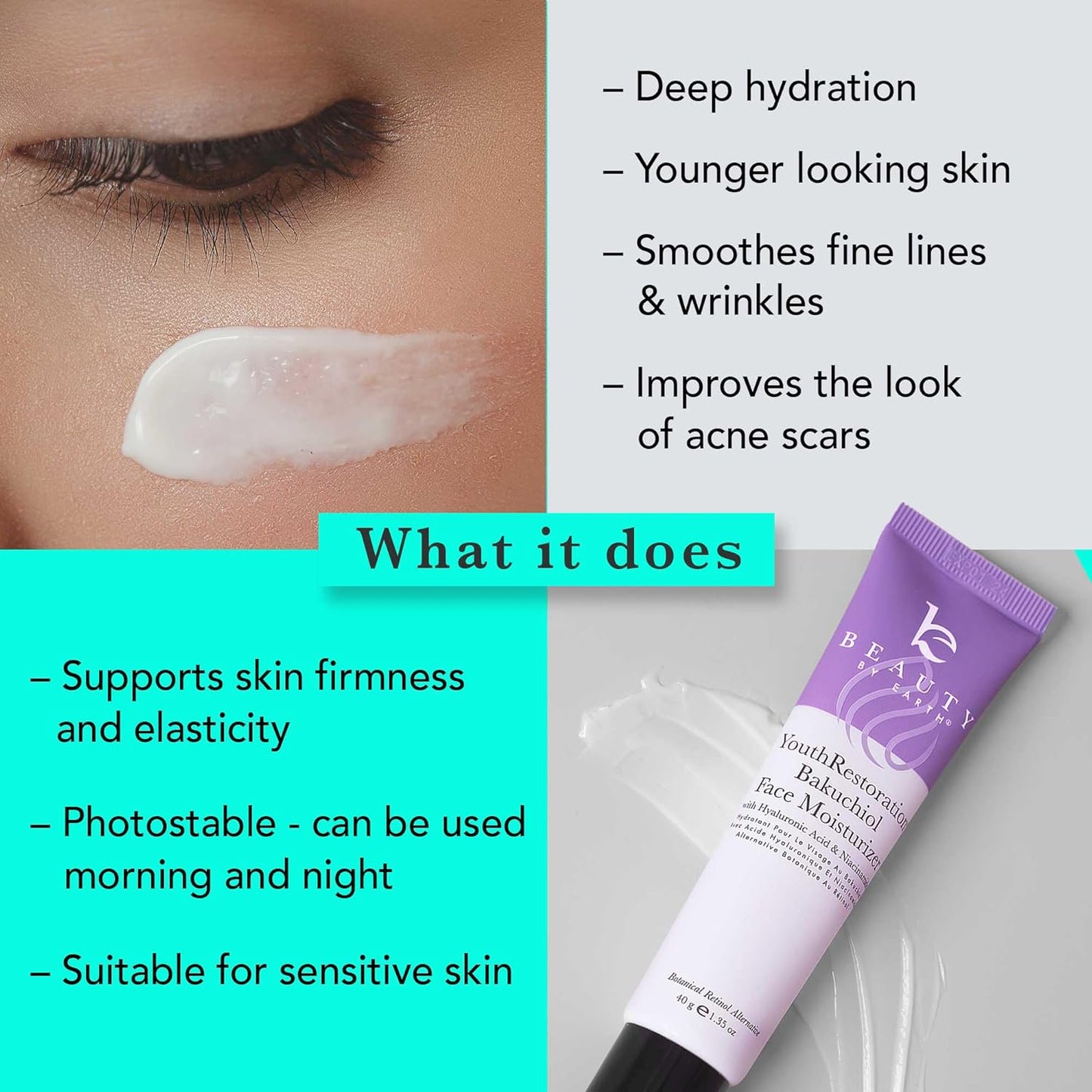 Beauty by Earth  Anti Aging Bakuchiol Face Moisturizer for Women -1.35 fl oz