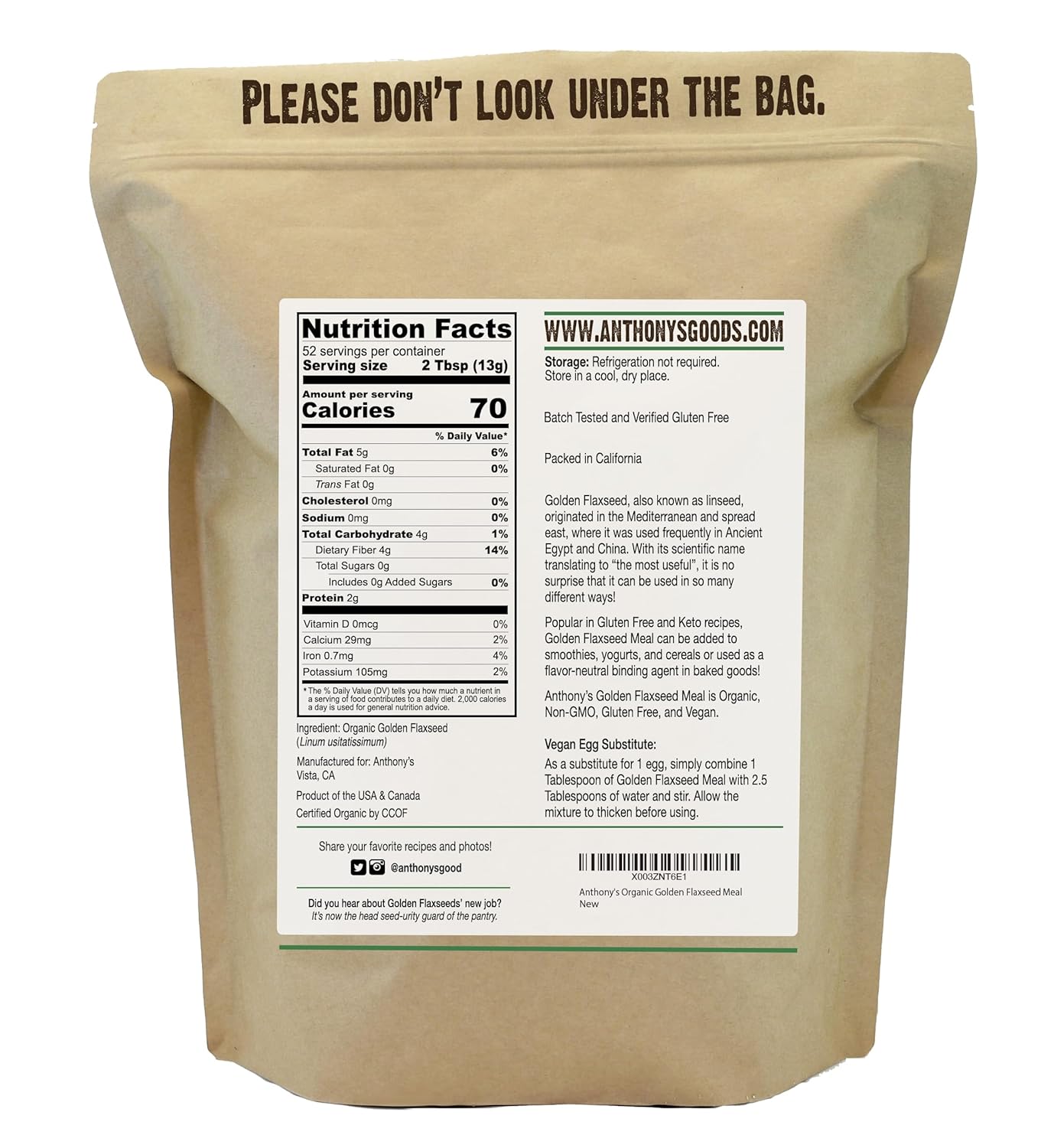 Anthony's Organic Golden Flaxseed Meal, 1.5 lb