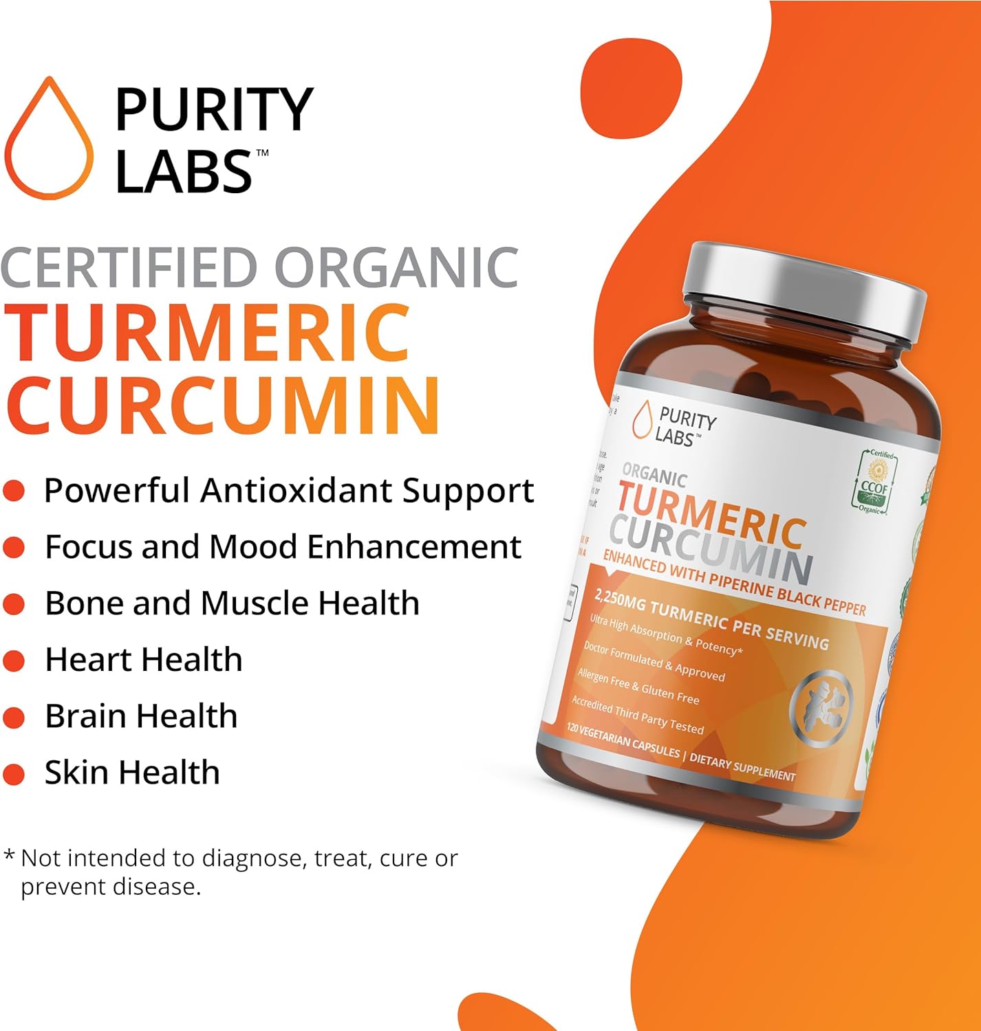 Organic Turmeric Curcumin with Black Pepper Bioperine 2,250 MG- 120 Capsules