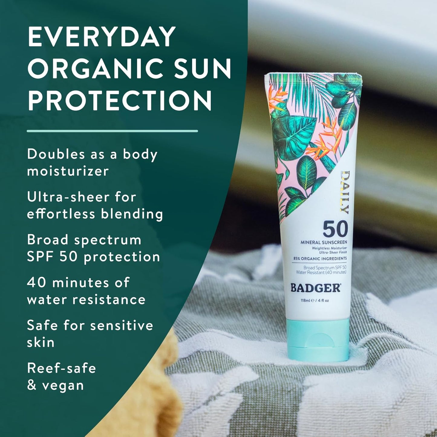 Badger SPF 50 Daily Mineral Sunscreen with Zinc Oxide, 85% Organic - 4 fl oz