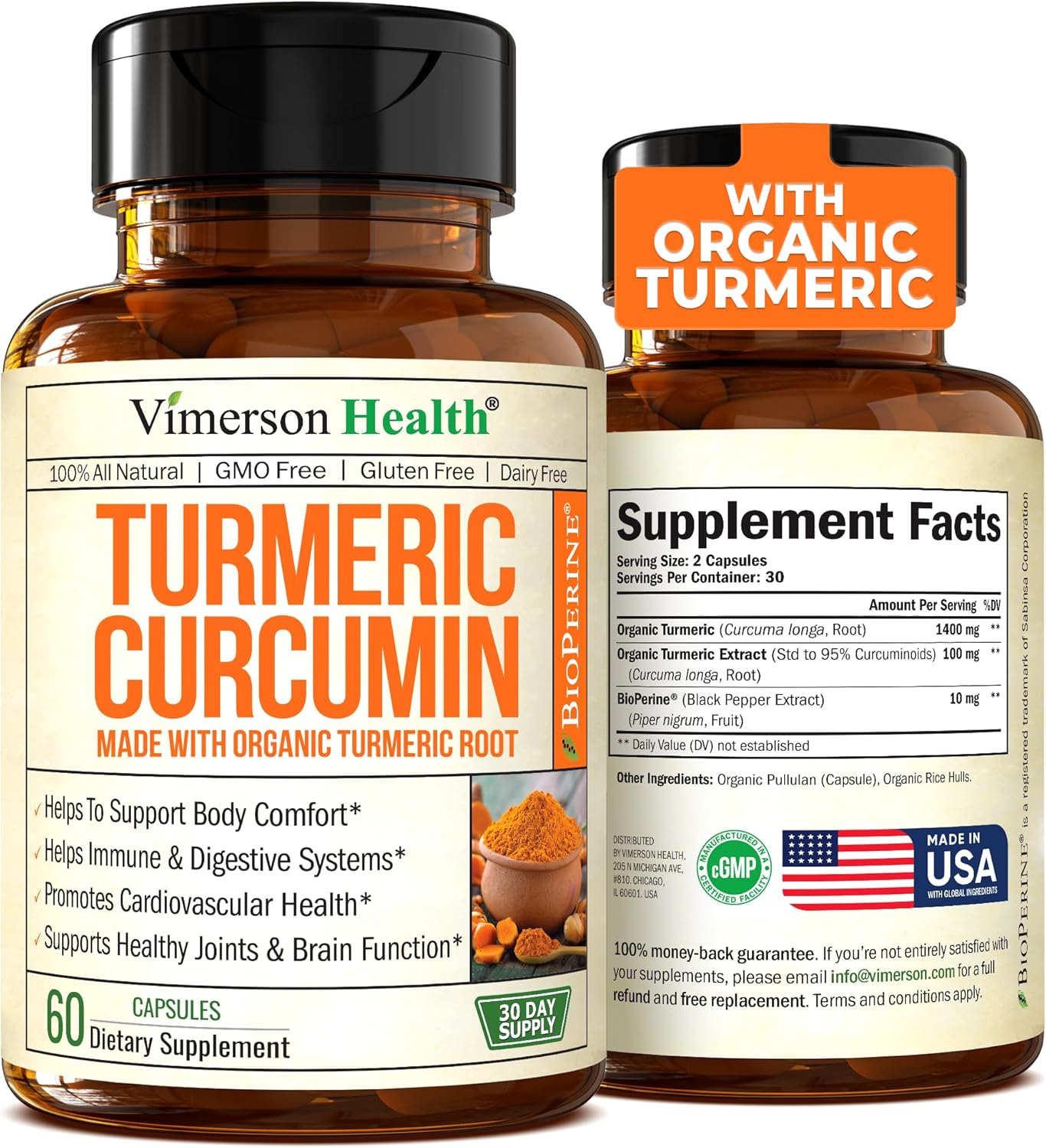 Organic Turmeric Curcumin & Black Pepper, Joint Support Supplement 1400mg 60 capsules