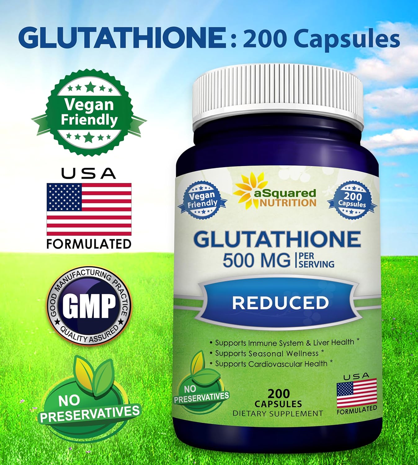 aSquared Nutrition Reduced Glutathione 500mg  Supplement -200 Capsules