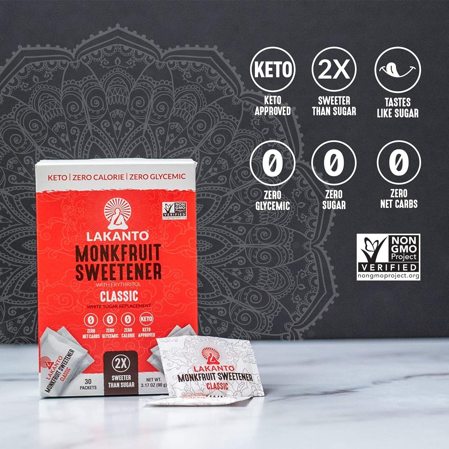 Lakanto Classic Monk Fruit Sweetener Packets - Classic, 30 Count- Pack of 2