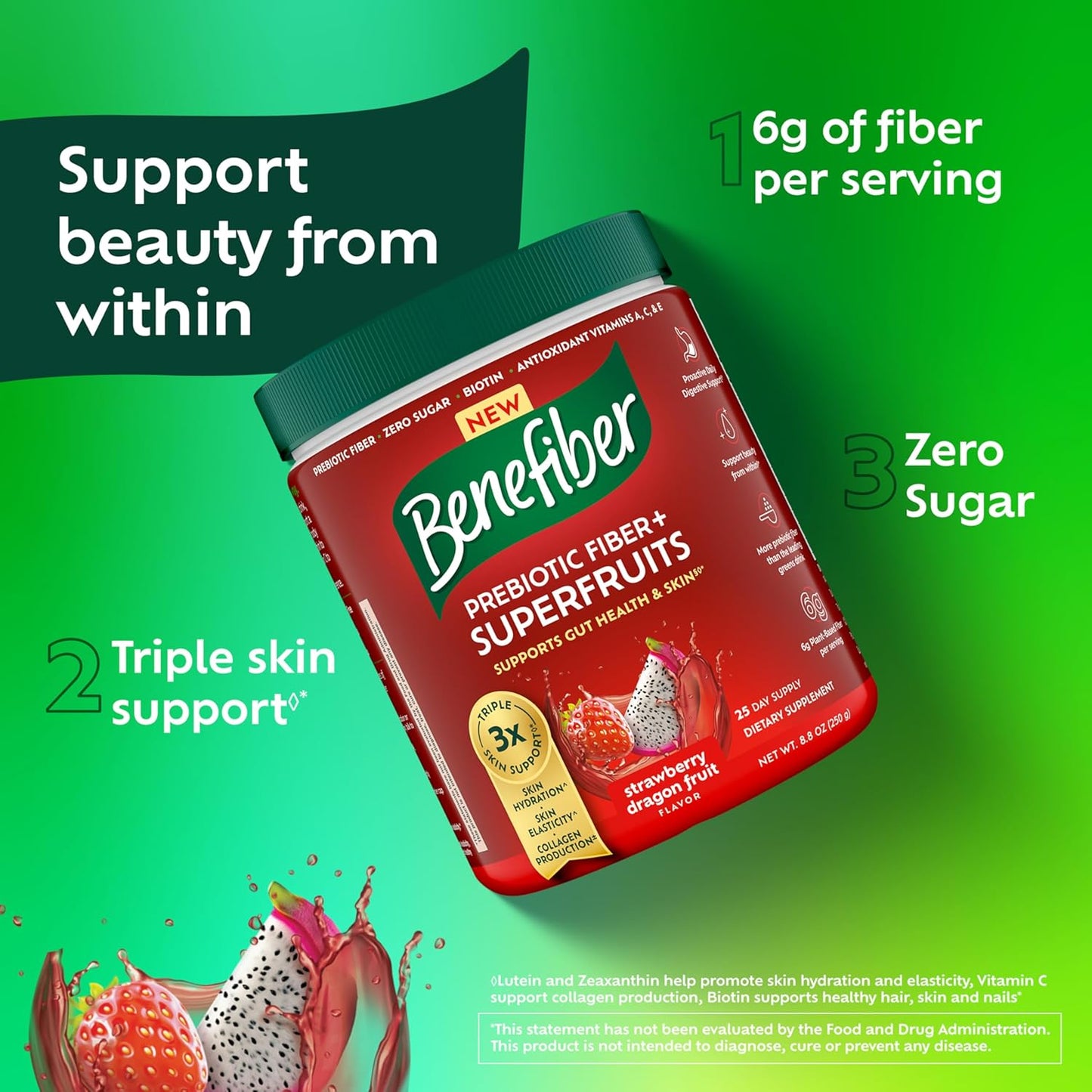 Benefiber Prebiotic Fiber + Superfruits  Strawberry Dragon Fruit Flavor - 8.8 oz