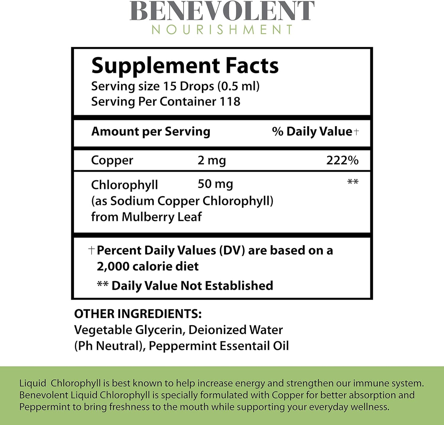 Benevolent Chlorophyll Liquid Drops - 100% Natural + 4X Potency Concentration for Energy Boost,2 floz