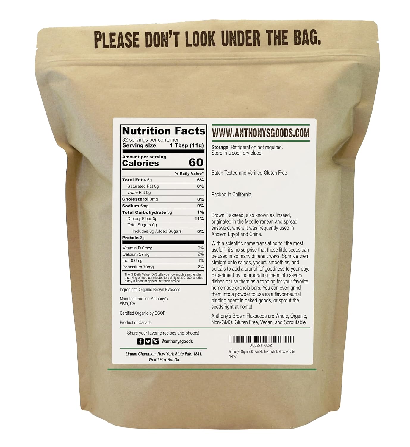 Anthony's Organic Brown Whole Flaxseed, 2 lb
