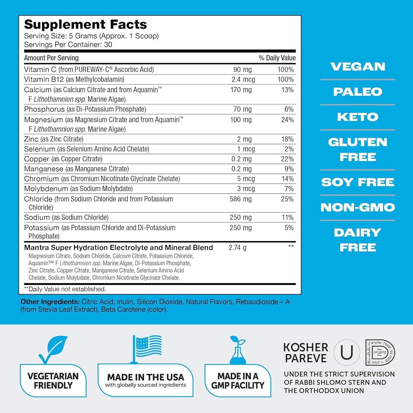 Mantra By Zahler Game-Changing, Great-Tasting, Sugar-Free Hydration Supplement, Lemonade Flavor, 30 Servings.