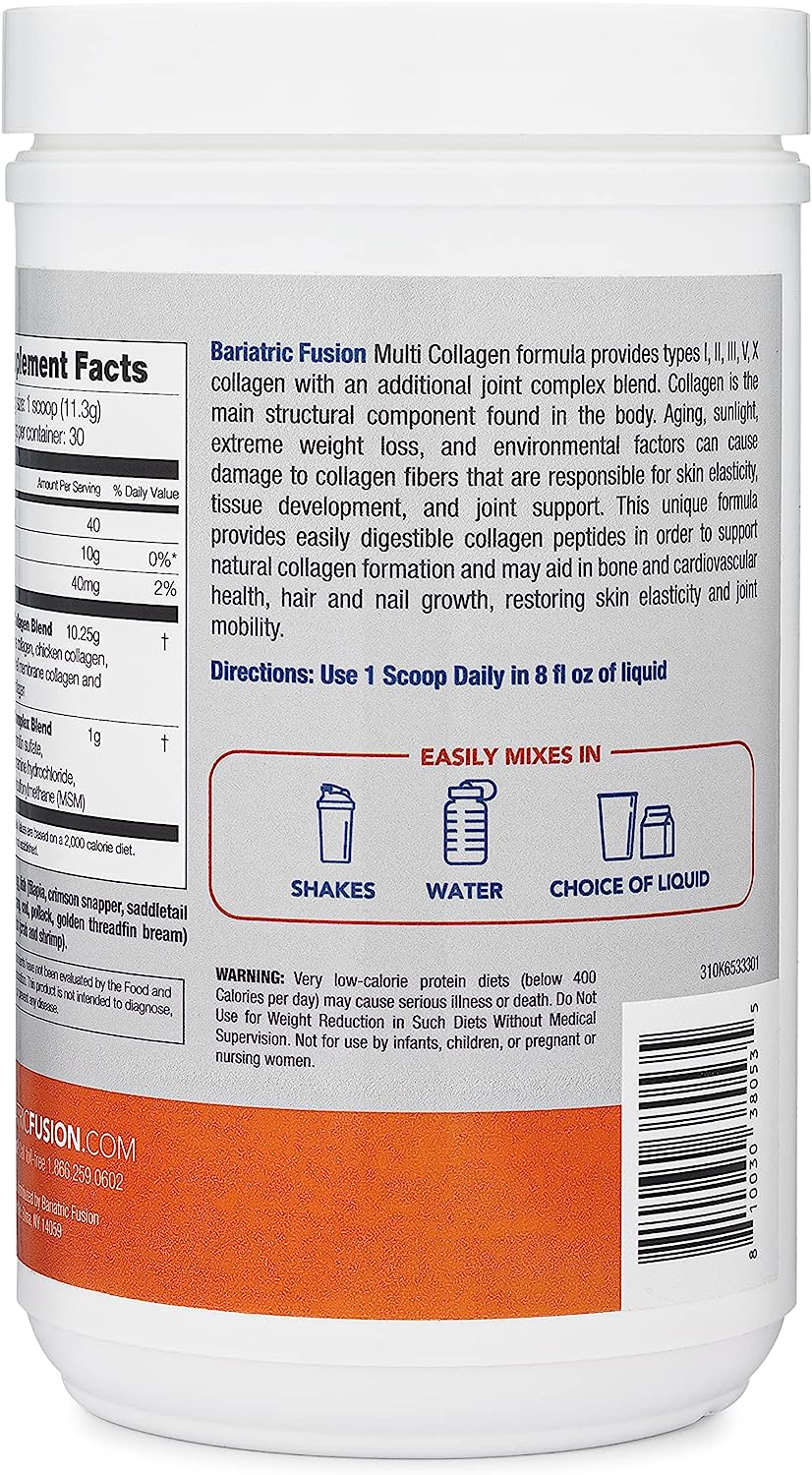 Bariatric Fusion Unflavored Multi Collagen Protein Powder | Plus Joint Support Complex of MSM and Glucosamine | Dairy, Gluten & Soy Free | Non-GMO | 30 Servings