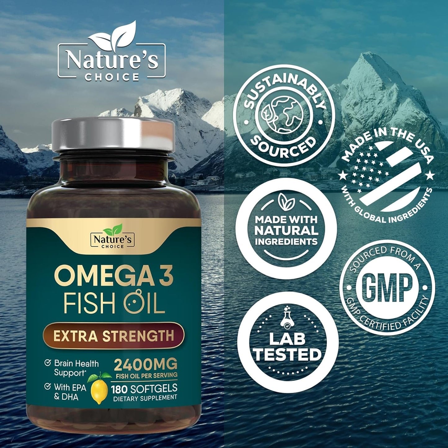 Triple Strength Omega 3 Fish Oil 2400 mg Softgels,Nature's Omega-3 Supplements -180 count