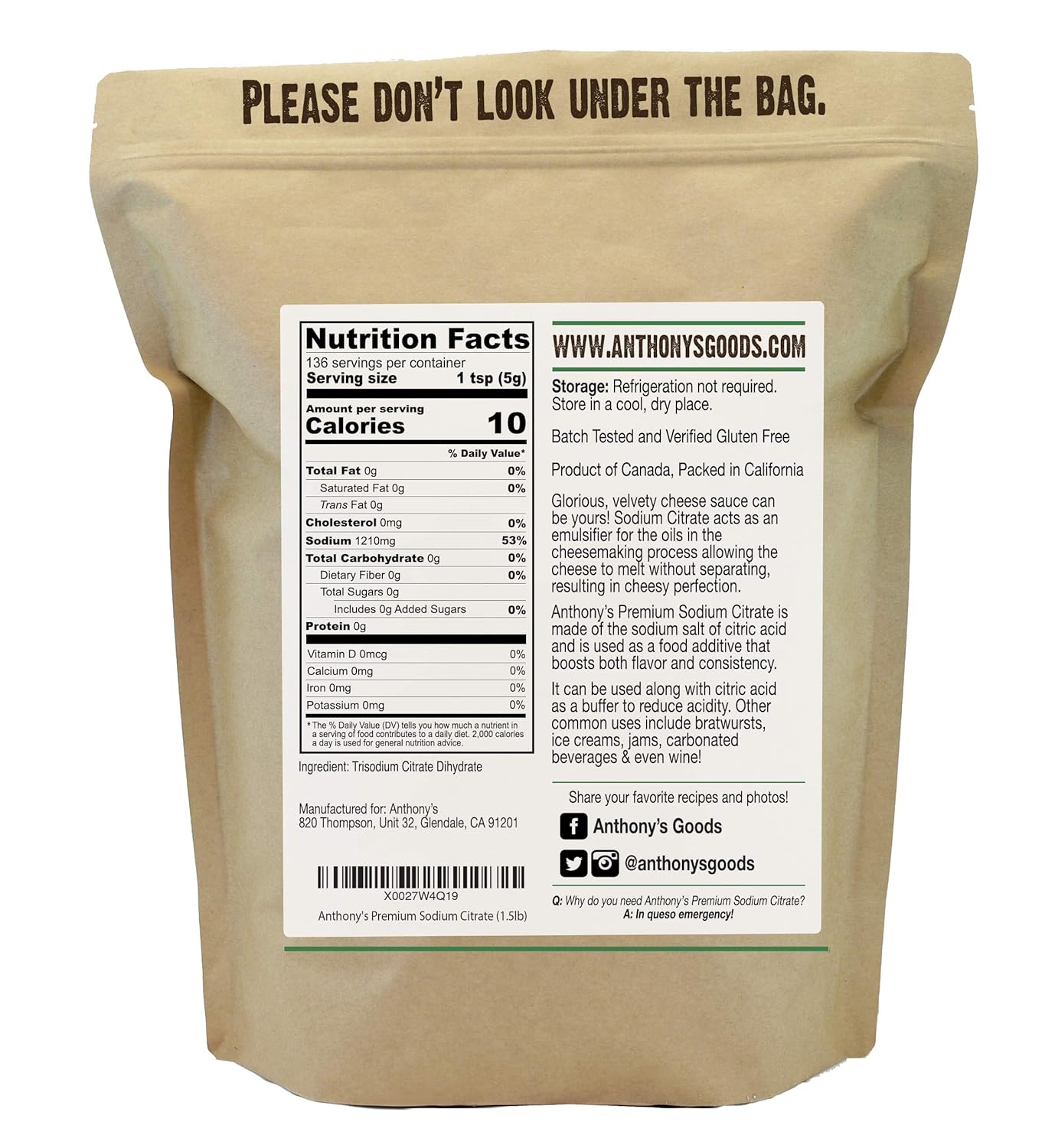 Anthony's Premium Sodium Citrate, 1.5 lb