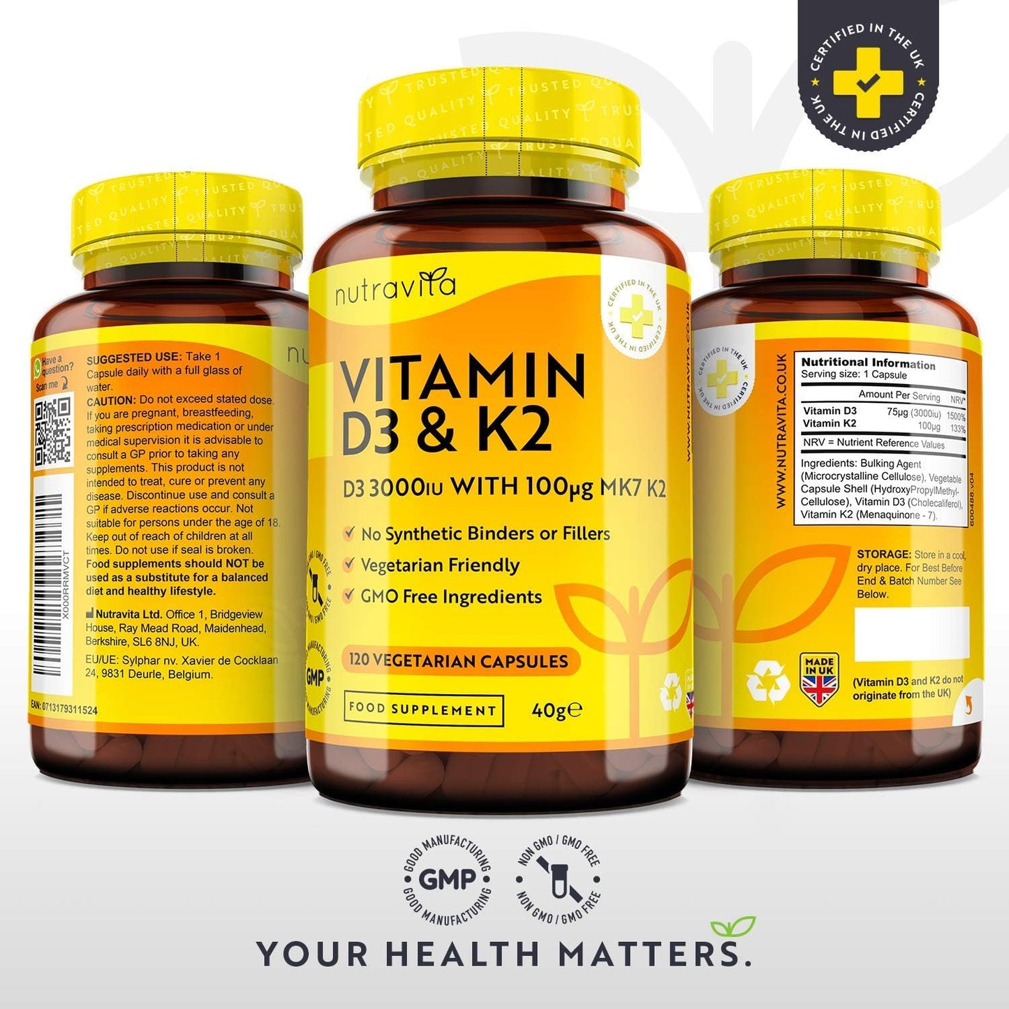 Vitamin D3 3000iu & K2 100ug  – 120  Vegetarian Capsules