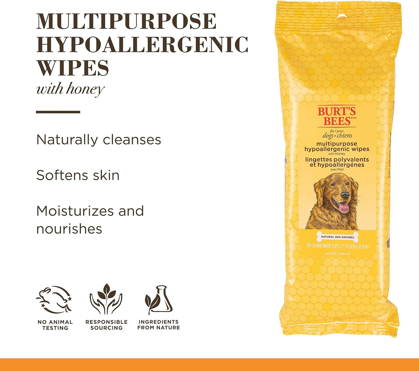 Burt's Bees for Pets Honey Multipurpose Dog Grooming Wipes - 50 Count - 3 Pack