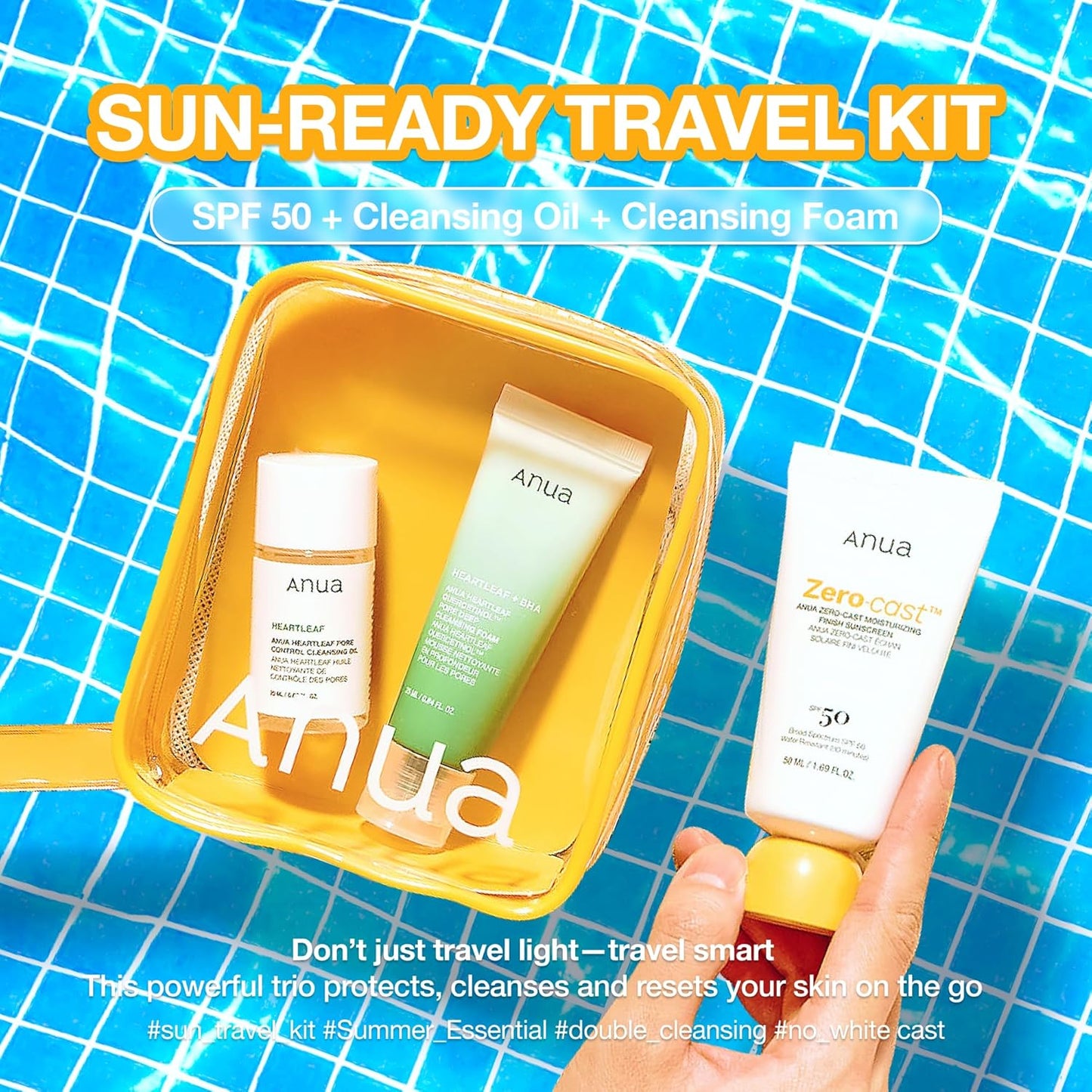 Anua Sun-Ready Travel Kit, Zero-Cast Sunscreen & Cleansing oil & Face Wash