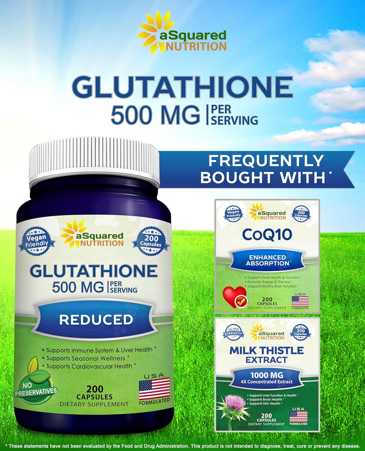 aSquared Nutrition Reduced Glutathione 500mg  Supplement -200 Capsules
