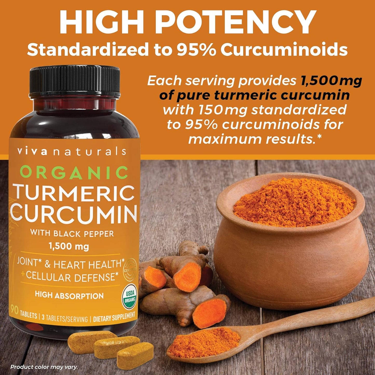 Organic Turmeric Supplement - 1500 mg Turmeric Pills For Joint Support and Cellular Defense 90 count