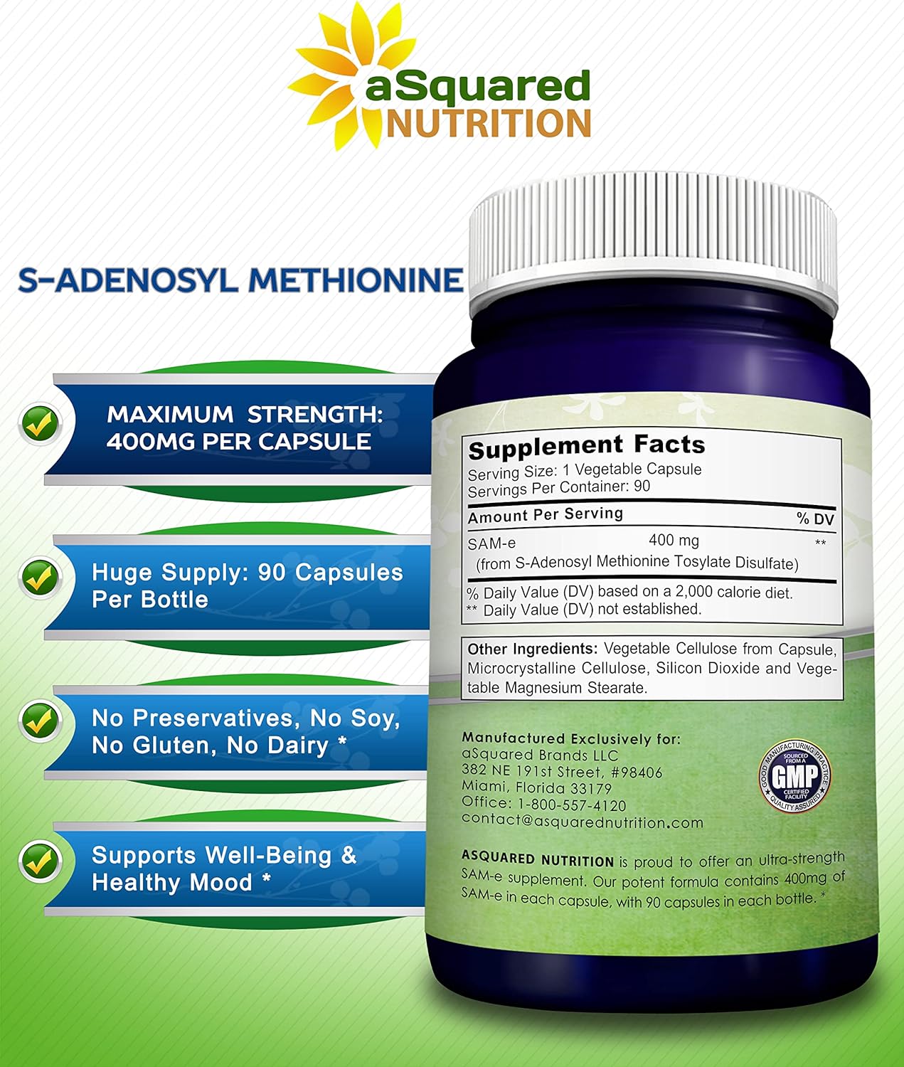 aSquared Nutrition SAM-e 400mg Supplement - 90 Capsules