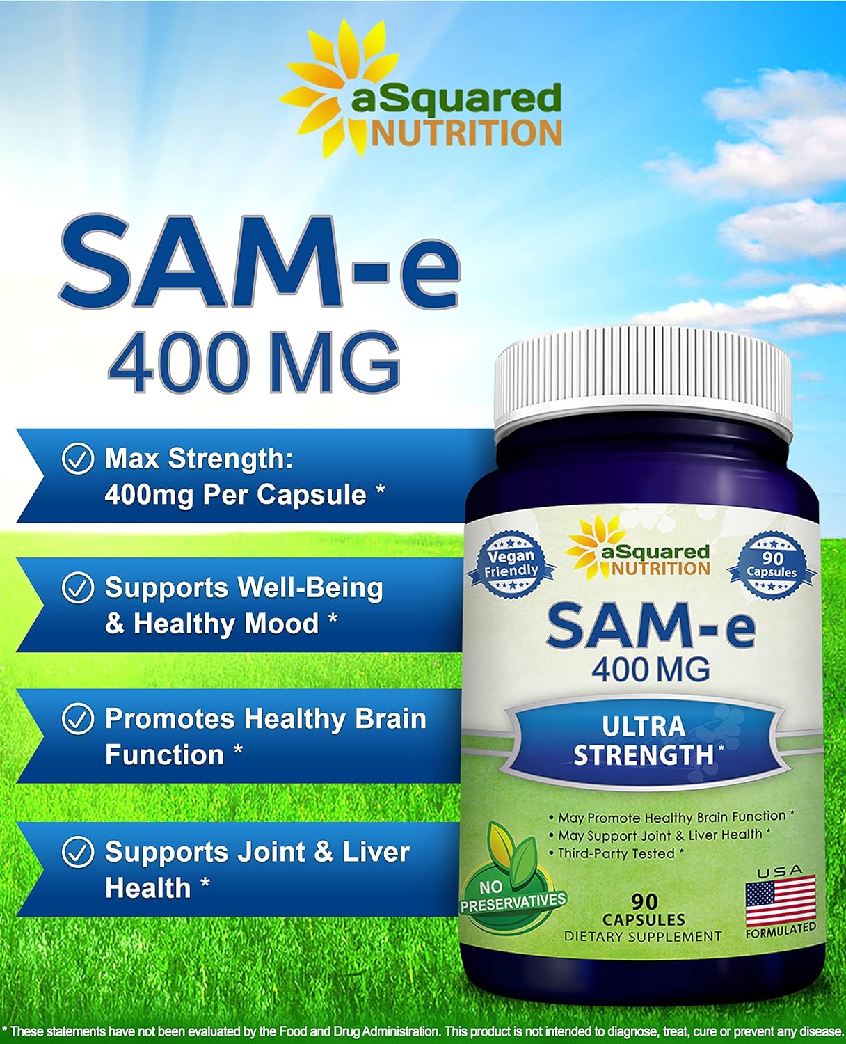 aSquared Nutrition SAM-e 400mg Supplement - 90 Capsules