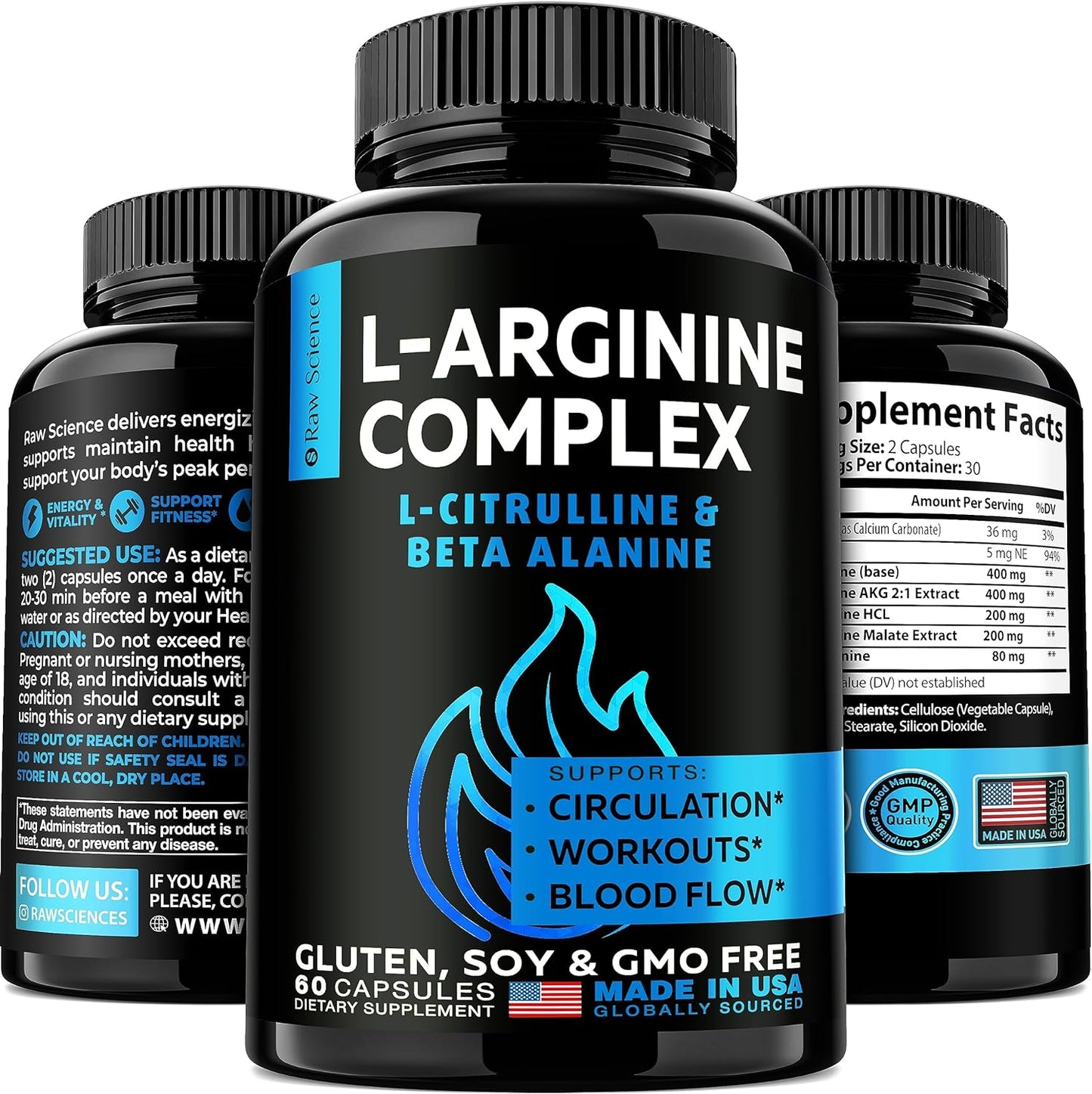 L-Arginine L-Citrulline Supplement, Nitric Oxide Booster, Performance 60 count
