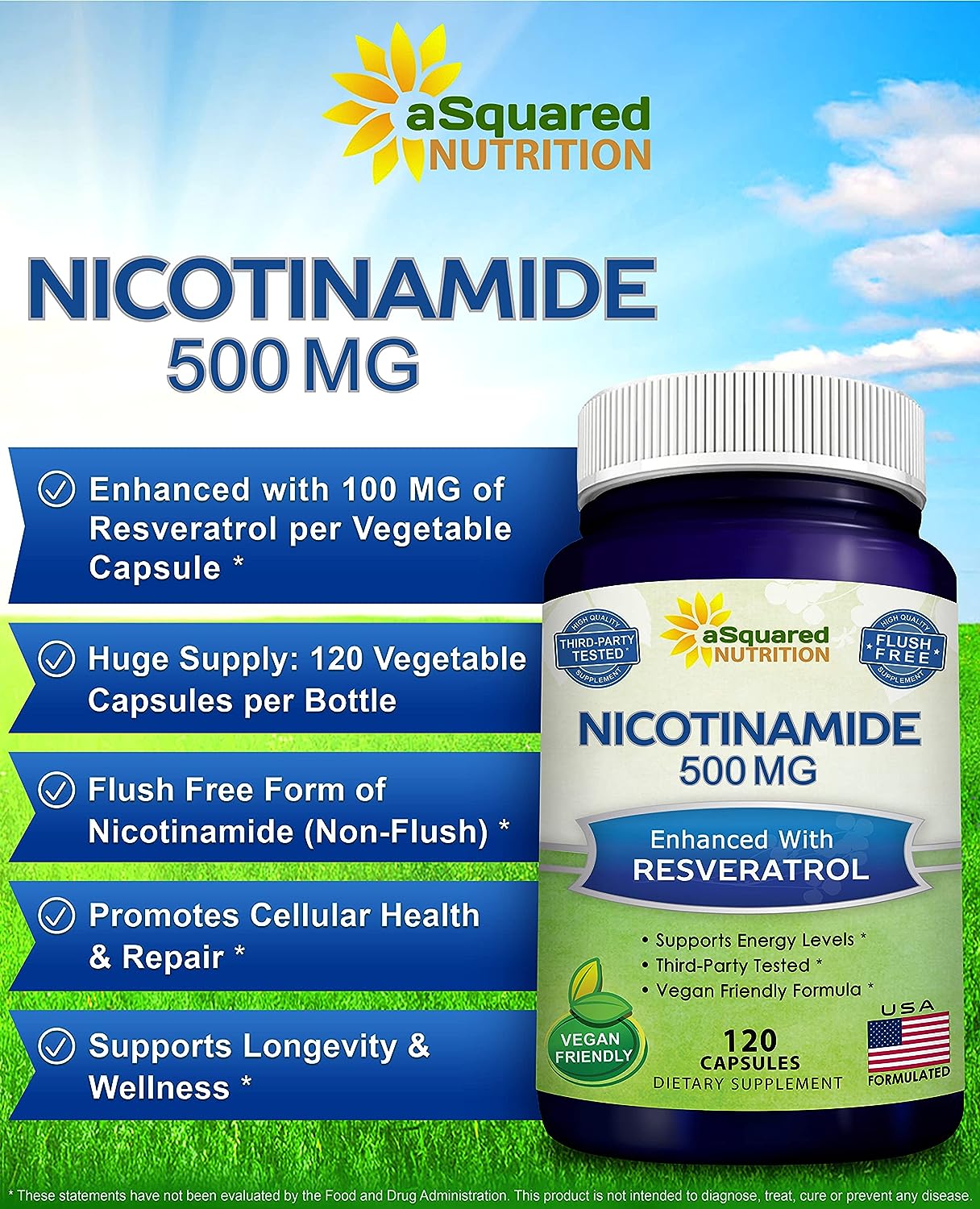 aSquared Nutrition Nicotinamide with Resveratrol - 120 Veggie Capsules