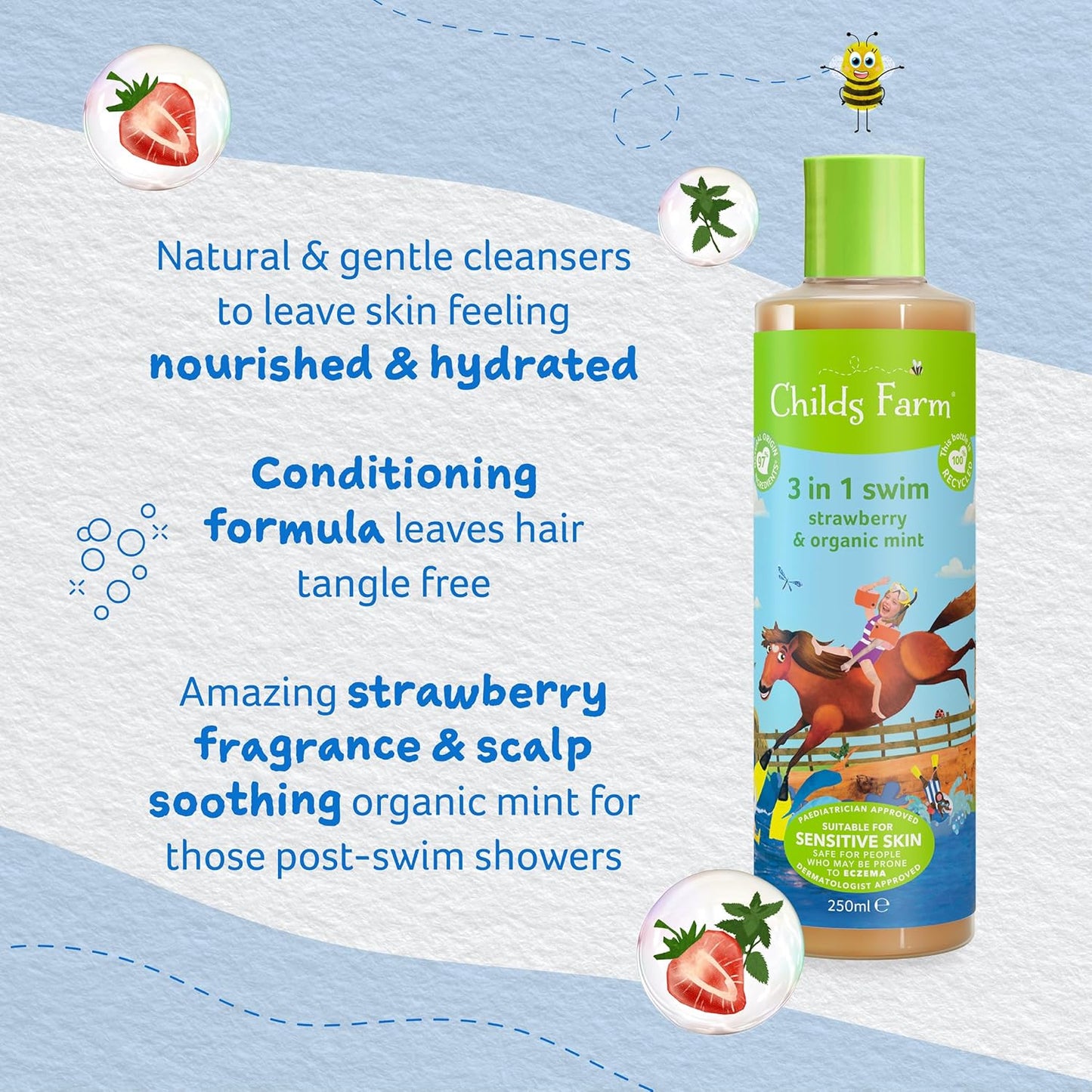Childs Farm, Kids 3 in 1 Swim, Strawberry and Organic Mint, Body Wash - 8.4 Fl Oz