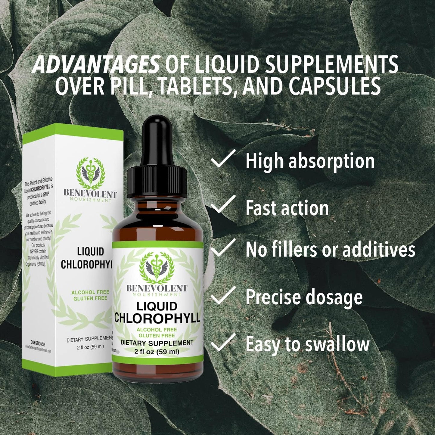 Benevolent Chlorophyll Liquid Drops - 100% Natural + 4X Potency Concentration for Energy Boost,2 floz