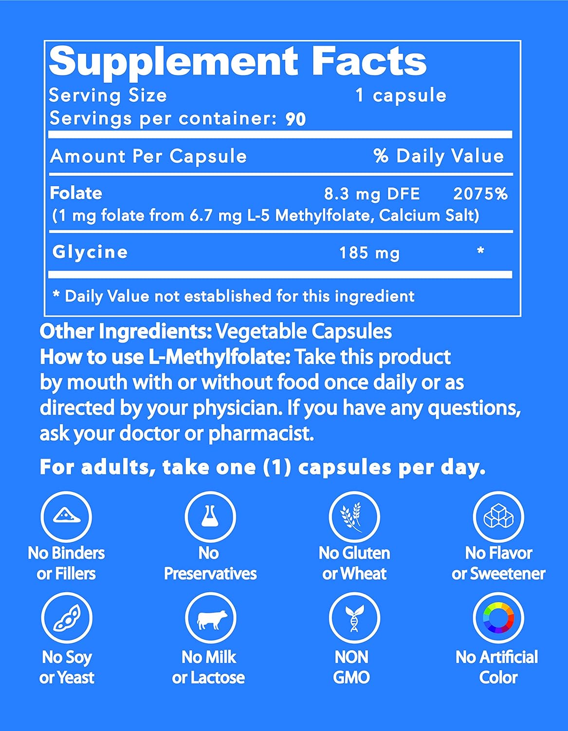 L-Methylfolate 5 MG, Optimized & Highly Bioactive Methyl Folate, 5-MTHF , 90 Capsules