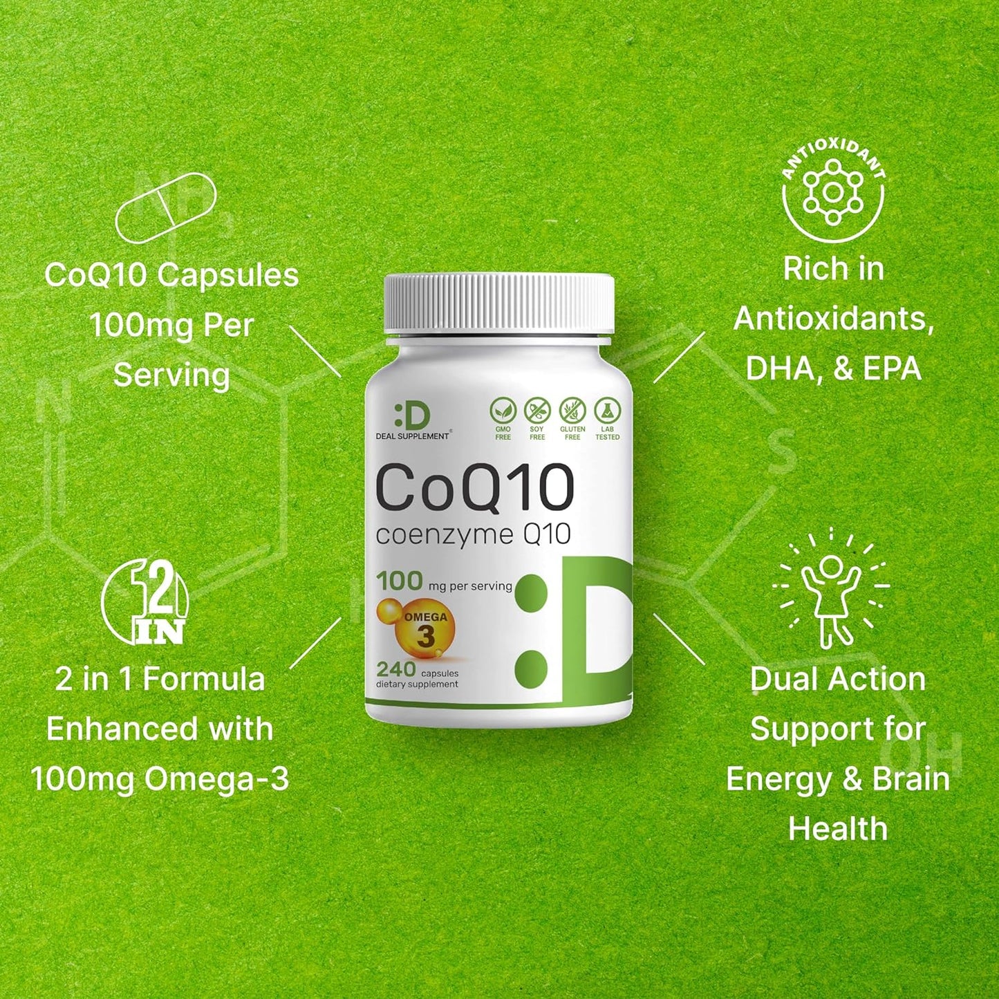 CoQ10 Coenzyme with Omega 3 Fatty Acid Q10  240 Capsules
