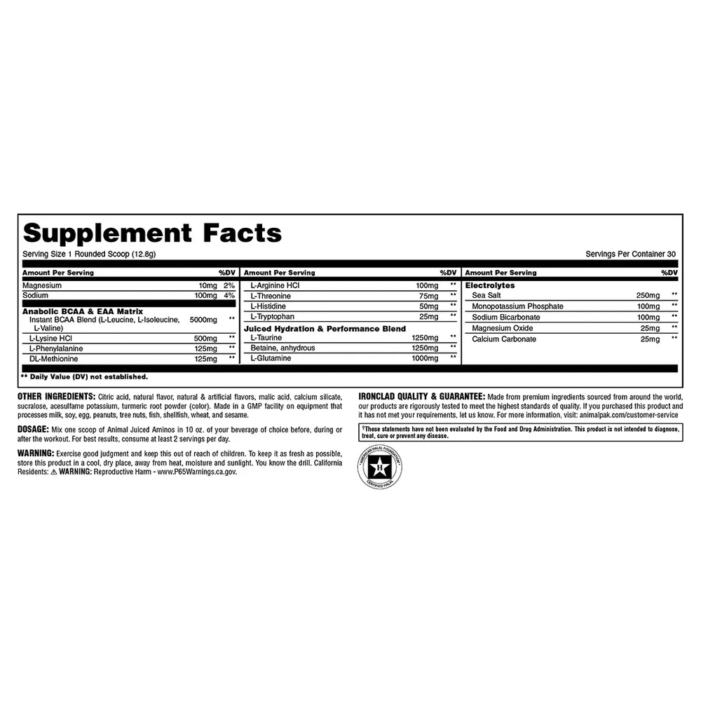 Animal Juiced Amino Acids Electrolytes Supplement Orange 30 Serving