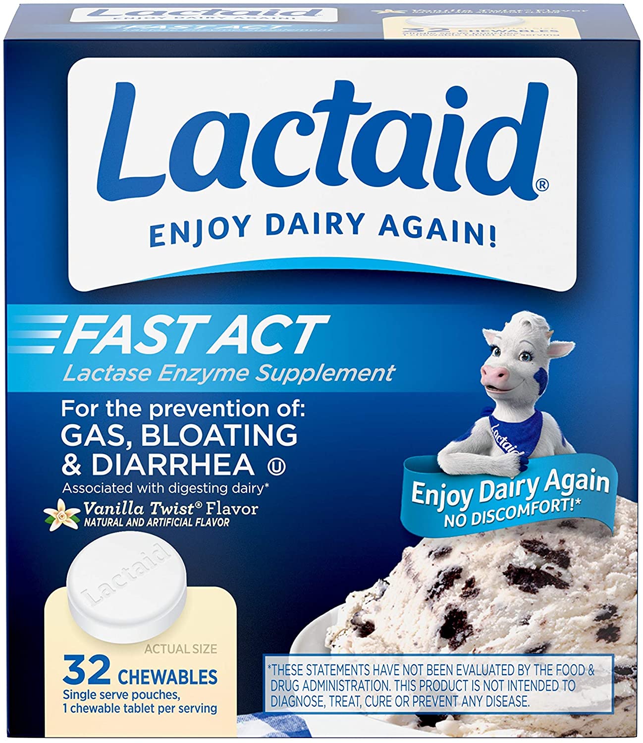 Lactaid Fast Act Lactose Intolerance Chewables with Enzymes, Vanilla Twist, 32 Count