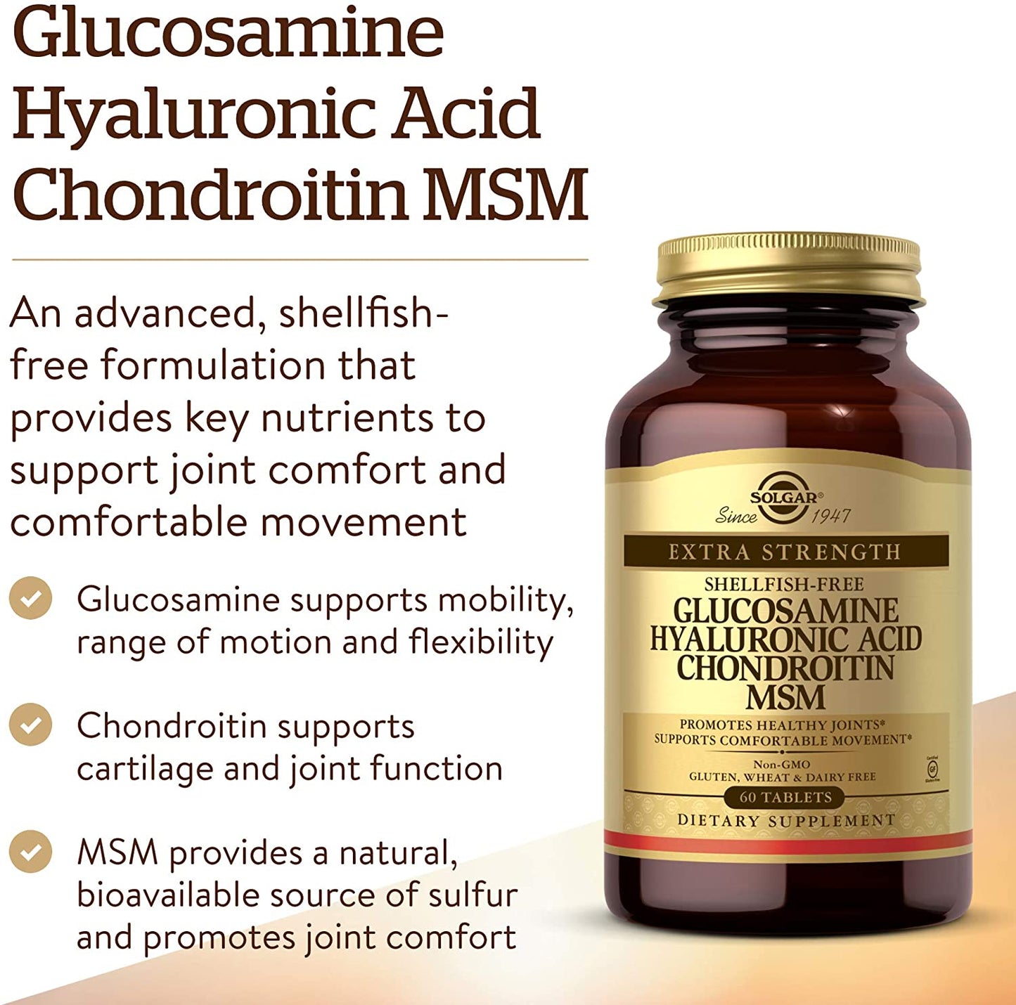 Solgar Glucosamine Hyaluronic Acid Chondroitin MSM Shellfish Free - 60 Tablets