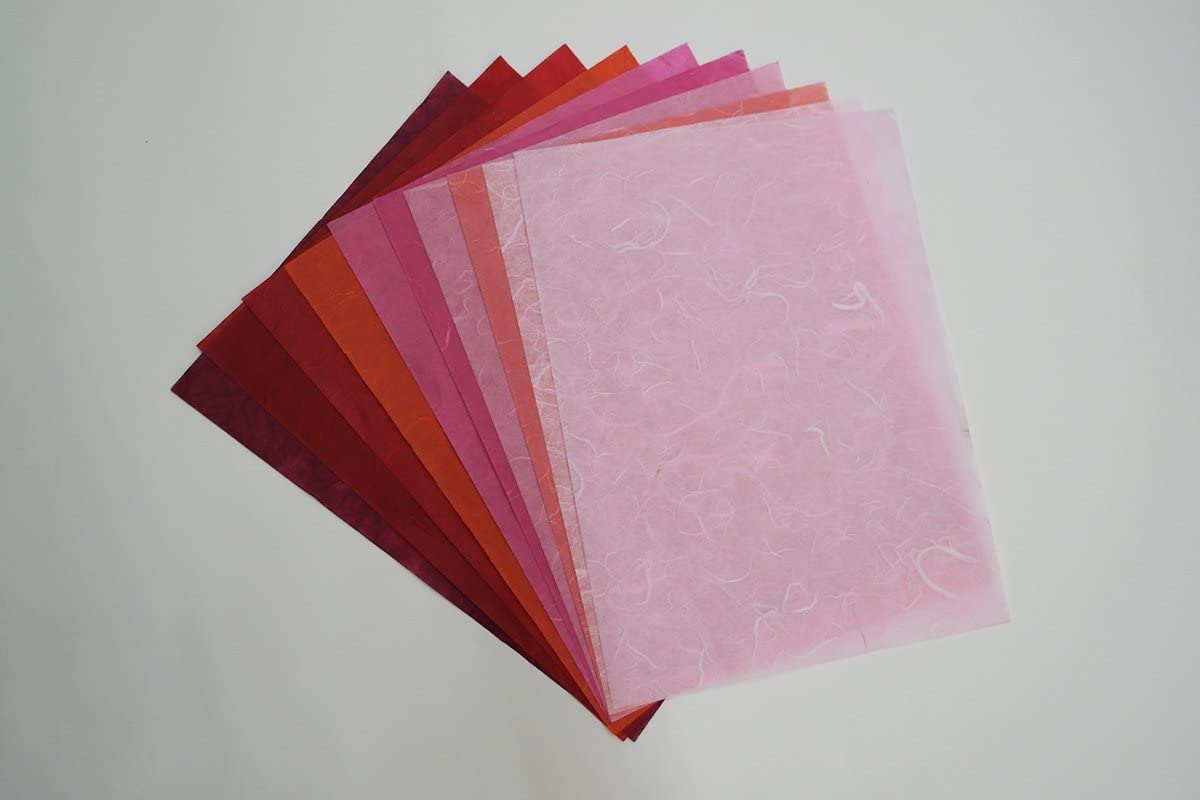 MulberryPaperStock 65 Hand Made Tissue Mulberry Paper Sheets Natural Fiber 8.5 x 11-inch Design for Japanese Origami and Hand Craft Include Red Green Blue Yellow Color