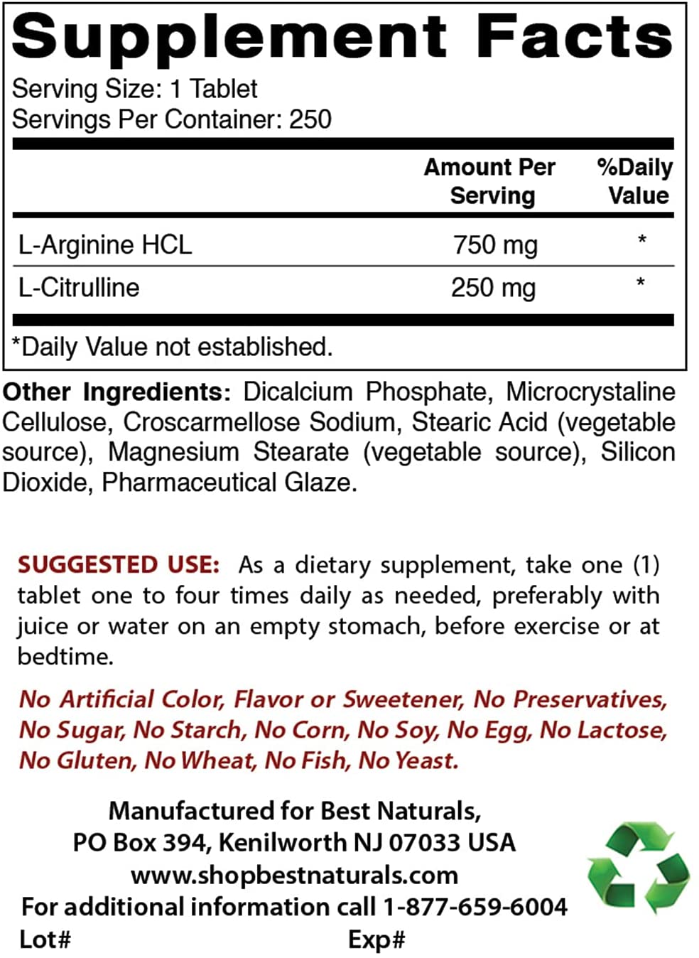 Best Naturals L-Arginine L-Citruline Complex Tablets, 250 Count