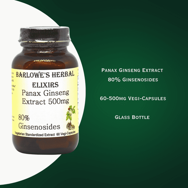 Barlowe's Herbal Elixirs Panax Ginseng Extract 500mg 60 Veggie Capsules