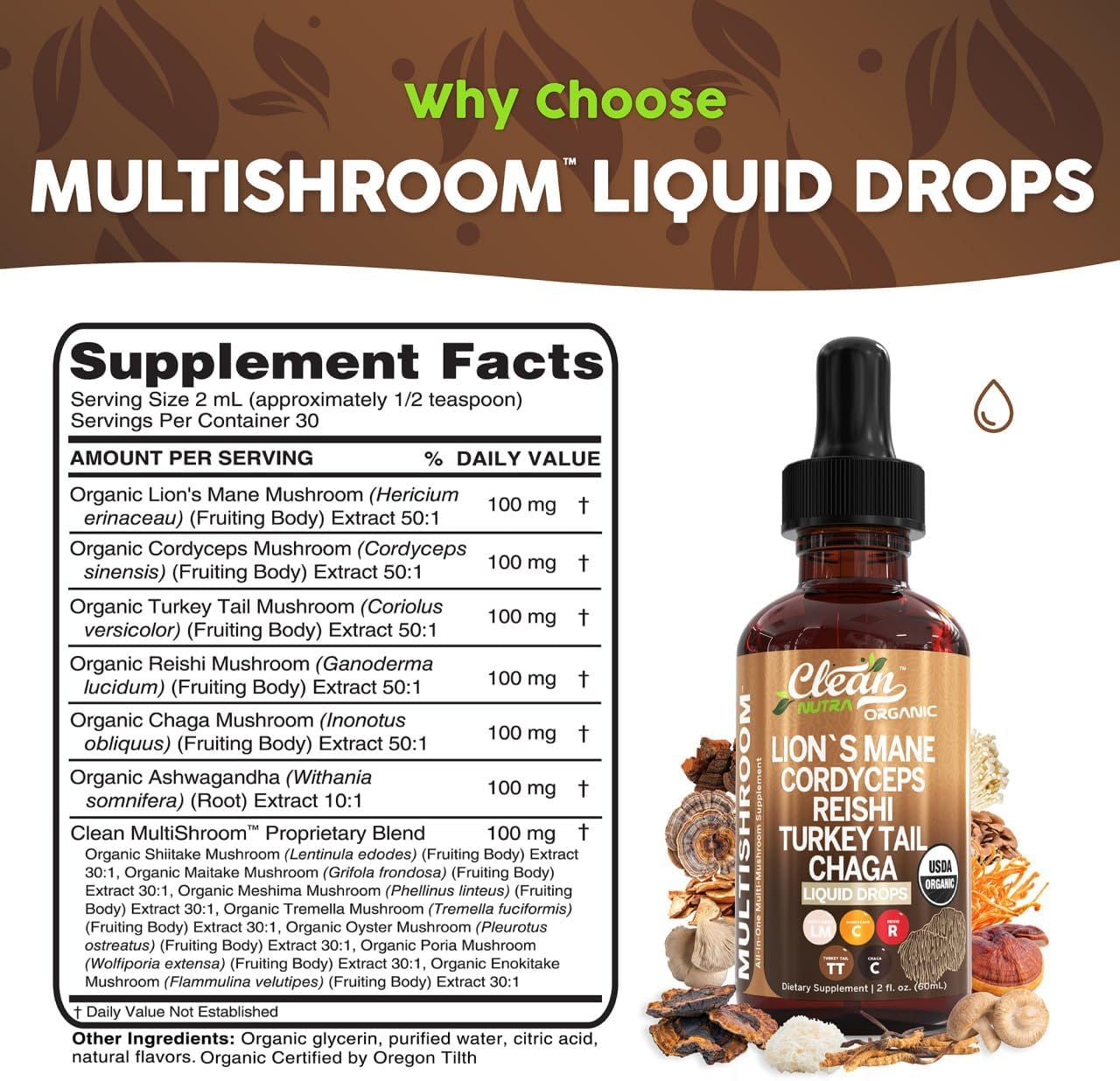 Organic Lions Mane Mushroom Liquid Drops  by Clean Nutra 1.6 ounces