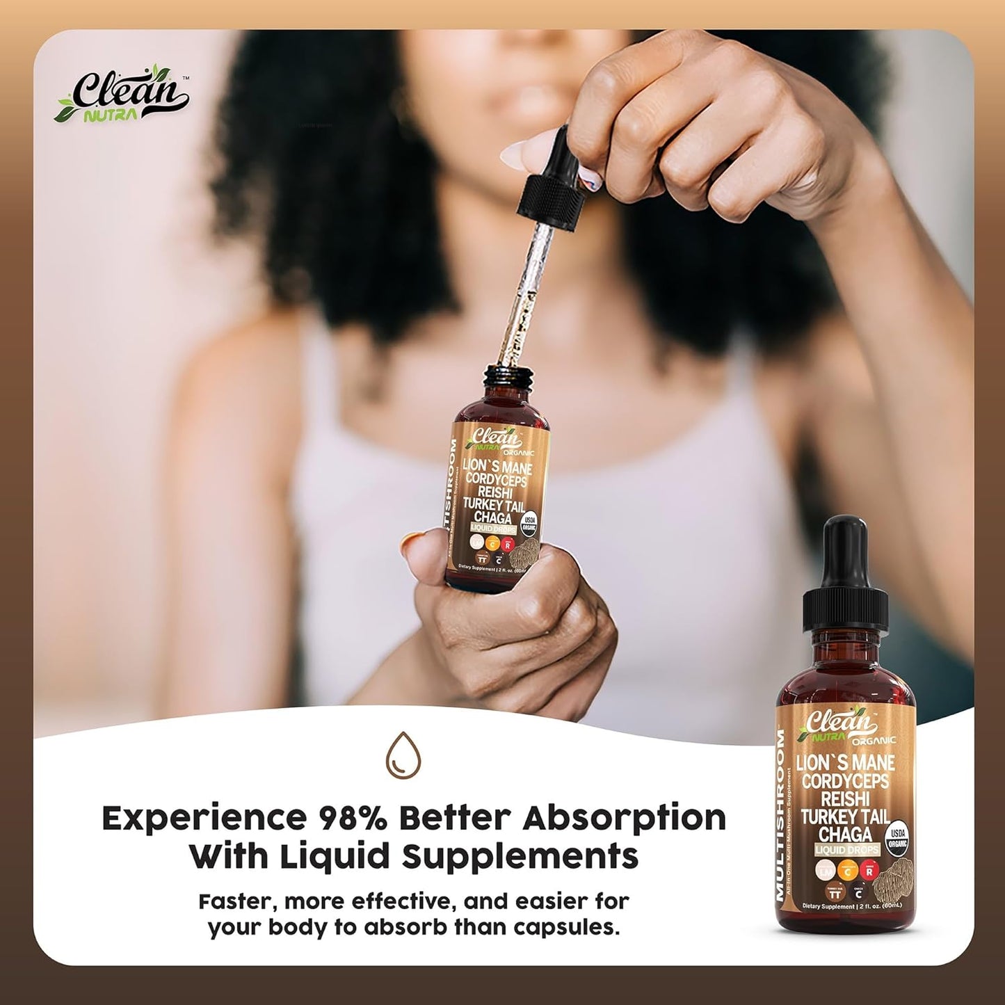 Organic Lions Mane Mushroom Liquid Drops  by Clean Nutra 1.6 ounces