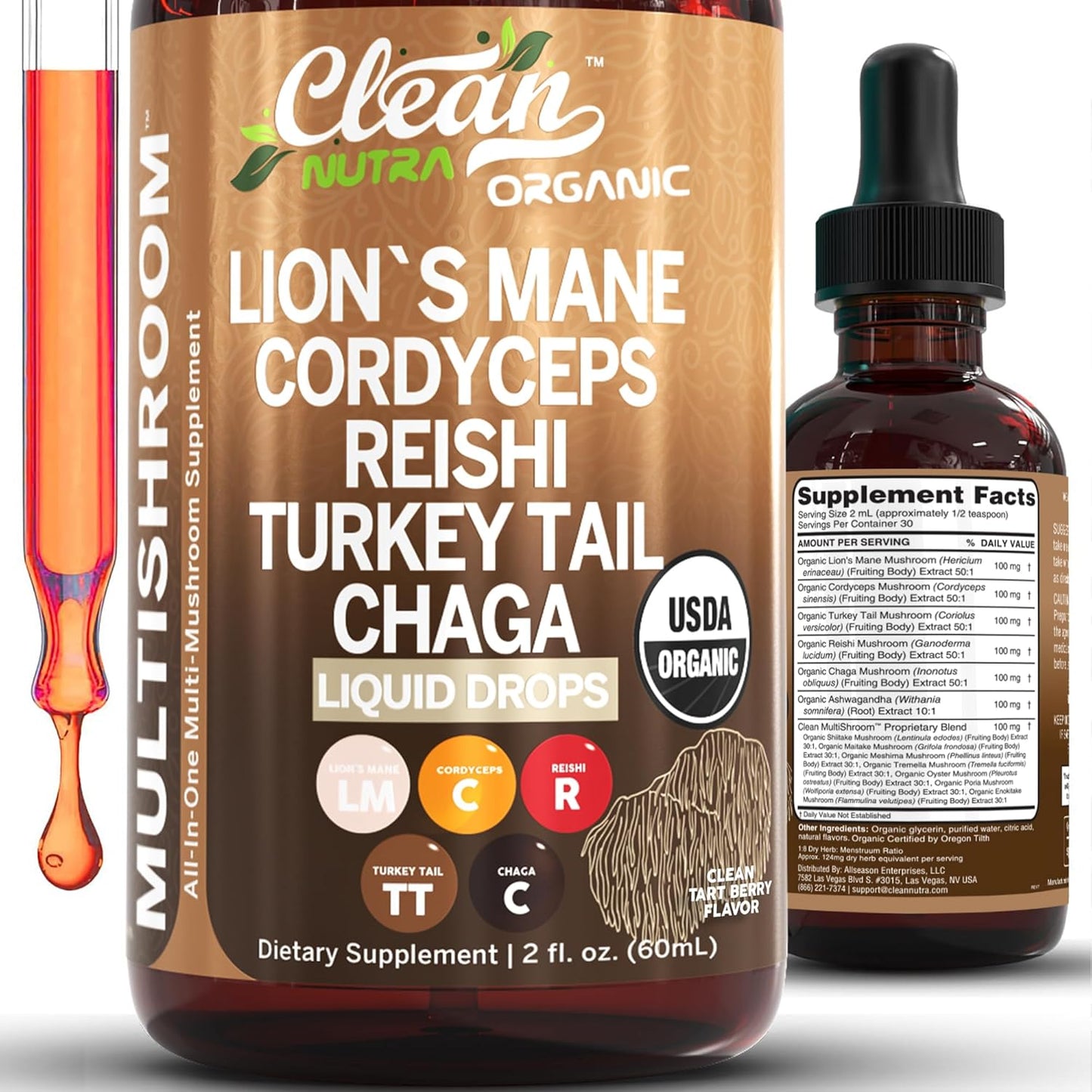 Organic Lions Mane Mushroom Liquid Drops  by Clean Nutra 1.6 ounces